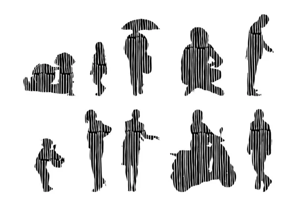 矢量轮廓 人的轮廓轮廓 线路图 人的轮廓 独立的图标集 在位人的轮廓 建筑集合 — 图库矢量图片