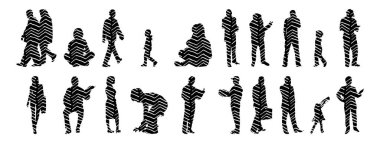 Vektör siluetleri, insanların ana hatları, Contour çizimleri, insanların siluetleri, ikon kümesi izole edilmiş, oturan insanların silueti, mimari set