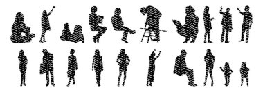 Vektör siluetleri, insanların ana hatları, Contour çizimleri, insanların siluetleri, ikon kümesi izole edilmiş, oturan insanların silueti, mimari set