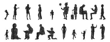 Vektör siluetleri, insanların ana hatları, Contour çizimleri, insanların siluetleri, ikon kümesi izole edilmiş, oturan insanların silueti, mimari set