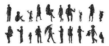 Vektör siluetleri, insanların ana hatları, Contour çizimleri, insanların siluetleri, ikon kümesi izole edilmiş, oturan insanların silueti, mimari set