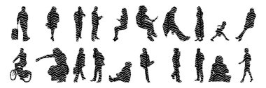 Vektör siluetleri, insanların ana hatları, Contour çizimleri, insanların siluetleri, ikon kümesi izole edilmiş, oturan insanların silueti, mimari set