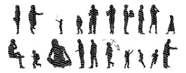 Vektör siluetleri, insanların ana hatları, Contour çizimleri, insanların siluetleri, ikon kümesi izole edilmiş, oturan insanların silueti, mimari set