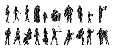 Vektör siluetleri, insanların ana hatları, Contour çizimleri, insanların siluetleri, ikon kümesi izole edilmiş, oturan insanların silueti, mimari set