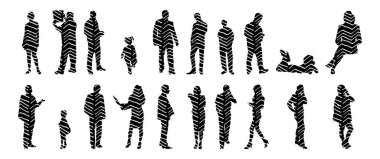 Vektör siluetleri, insanların ana hatları, Contour çizimleri, insanların siluetleri, ikon kümesi izole edilmiş, oturan insanların silueti, mimari set