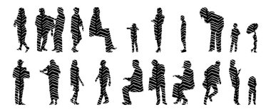 Vektör siluetleri, insanların ana hatları, Contour çizimleri, insanların siluetleri, ikon kümesi izole edilmiş, oturan insanların silueti, mimari set