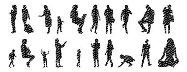 Vektör siluetleri, insanların ana hatları, Contour çizimleri, insanların siluetleri, ikon kümesi izole edilmiş, oturan insanların silueti, mimari set