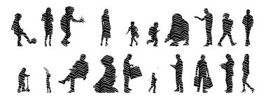 Vektör siluetleri, insanların ana hatları, Contour çizimleri, insanların siluetleri, ikon kümesi izole edilmiş, oturan insanların silueti, mimari set