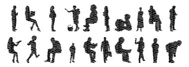 Vektör siluetleri, insanların ana hatları, Contour çizimleri, insanların siluetleri, ikon kümesi izole edilmiş, oturan insanların silueti, mimari set