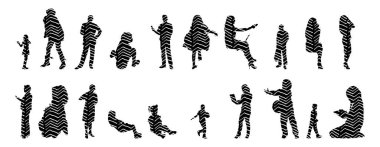 Vektör siluetleri, insanların ana hatları, Contour çizimleri, insanların siluetleri, ikon kümesi izole edilmiş, oturan insanların silueti, mimari set