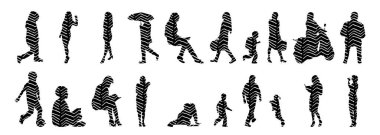 Vektör siluetleri, insanların ana hatları, Contour çizimleri, insanların siluetleri, ikon kümesi izole edilmiş, oturan insanların silueti, mimari set