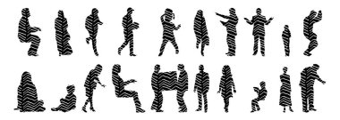 Vektör siluetleri, insanların ana hatları, Contour çizimleri, insanların siluetleri, ikon kümesi izole edilmiş, oturan insanların silueti, mimari set