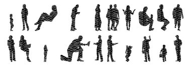 Vektör siluetleri, insanların ana hatları, Contour çizimleri, insanların siluetleri, ikon kümesi izole edilmiş, oturan insanların silueti, mimari set