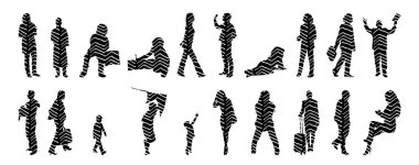 Vektör siluetleri, insanların ana hatları, Contour çizimleri, insanların siluetleri, ikon kümesi izole edilmiş, oturan insanların silueti, mimari set