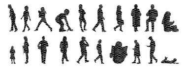 Vektör siluetleri, insanların ana hatları, Contour çizimleri, insanların siluetleri, ikon kümesi izole edilmiş, oturan insanların silueti, mimari set