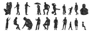 Vektör siluetleri, insanların ana hatları, Contour çizimleri, insanların siluetleri, ikon kümesi izole edilmiş, oturan insanların silueti, mimari set