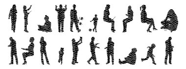 Vektör siluetleri, insanların ana hatları, Contour çizimleri, insanların siluetleri, ikon kümesi izole edilmiş, oturan insanların silueti, mimari set