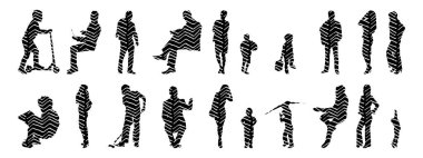 Vektör siluetleri, insanların ana hatları, Contour çizimleri, insanların siluetleri, ikon kümesi izole edilmiş, oturan insanların silueti, mimari set