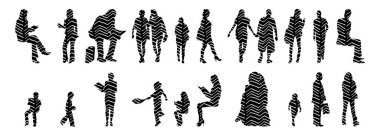 Vektör siluetleri, insanların ana hatları, Contour çizimleri, insanların siluetleri, ikon kümesi izole edilmiş, oturan insanların silueti, mimari set