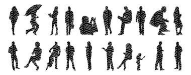 Vektör siluetleri, insanların ana hatları, Contour çizimleri, insanların siluetleri, ikon kümesi izole edilmiş, oturan insanların silueti, mimari set