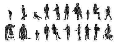 Vektör siluetleri, insanların ana hatları, Contour çizimleri, insanların siluetleri, ikon kümesi izole edilmiş, oturan insanların silueti, mimari set