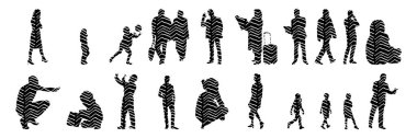 Vektör siluetleri, insanların ana hatları, Contour çizimleri, insanların siluetleri, ikon kümesi izole edilmiş, oturan insanların silueti, mimari set