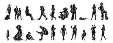 Vektör siluetleri, insanların ana hatları, Contour çizimleri, insanların siluetleri, ikon kümesi izole edilmiş, oturan insanların silueti, mimari set