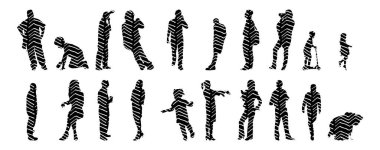 Vektör siluetleri, insanların ana hatları, Contour çizimleri, insanların siluetleri, ikon kümesi izole edilmiş, oturan insanların silueti, mimari set