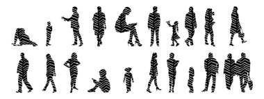 Vektör siluetleri, insanların ana hatları, Contour çizimleri, insanların siluetleri, ikon kümesi izole edilmiş, oturan insanların silueti, mimari set