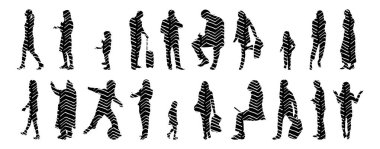 Vektör siluetleri, insanların ana hatları, Contour çizimleri, insanların siluetleri, ikon kümesi izole edilmiş, oturan insanların silueti, mimari set