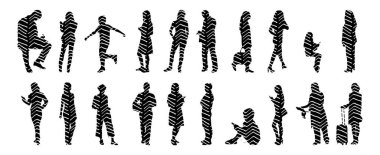 Vektör siluetleri, insanların ana hatları, Contour çizimleri, insanların siluetleri, ikon kümesi izole edilmiş, oturan insanların silueti, mimari set