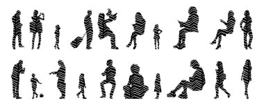 Vektör siluetleri, insanların ana hatları, Contour çizimleri, insanların siluetleri, ikon kümesi izole edilmiş, oturan insanların silueti, mimari set