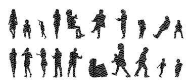 Vektör siluetleri, insanların ana hatları, Contour çizimleri, insanların siluetleri, ikon kümesi izole edilmiş, oturan insanların silueti, mimari set