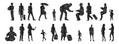 Vektör siluetleri, insanların ana hatları, Contour çizimleri, insanların siluetleri, ikon kümesi izole edilmiş, oturan insanların silueti, mimari set