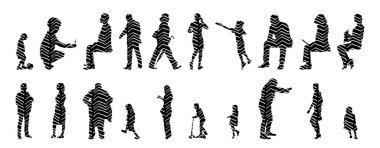 Vektör siluetleri, insanların ana hatları, Contour çizimleri, insanların siluetleri, ikon kümesi izole edilmiş, oturan insanların silueti, mimari set