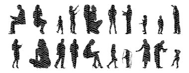 Vektör siluetleri, insanların ana hatları, Contour çizimleri, insanların siluetleri, ikon kümesi izole edilmiş, oturan insanların silueti, mimari set