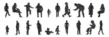 Vektör siluetleri, insanların ana hatları, Contour çizimleri, insanların siluetleri, ikon kümesi izole edilmiş, oturan insanların silueti, mimari set