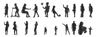 Vektör siluetleri, insanların ana hatları, Contour çizimleri, insanların siluetleri, ikon kümesi izole edilmiş, oturan insanların silueti, mimari set