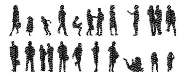 Vektör siluetleri, insanların ana hatları, Contour çizimleri, insanların siluetleri, ikon kümesi izole edilmiş, oturan insanların silueti, mimari set