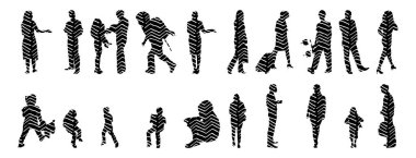 Vektör siluetleri, insanların ana hatları, Contour çizimleri, insanların siluetleri, ikon kümesi izole edilmiş, oturan insanların silueti, mimari set