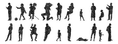 Vektör siluetleri, insanların ana hatları, Contour çizimleri, insanların siluetleri, ikon kümesi izole edilmiş, oturan insanların silueti, mimari set