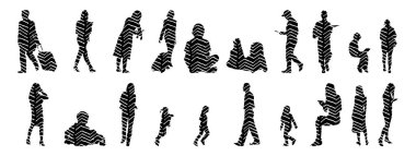 Vektör siluetleri, insanların ana hatları, Contour çizimleri, insanların siluetleri, ikon kümesi izole edilmiş, oturan insanların silueti, mimari set