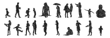 Vektör siluetleri, insanların ana hatları, Contour çizimleri, insanların siluetleri, ikon kümesi izole edilmiş, oturan insanların silueti, mimari set