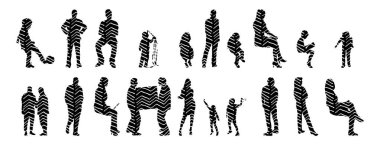 Vektör siluetleri, insanların ana hatları, Contour çizimleri, insanların siluetleri, ikon kümesi izole edilmiş, oturan insanların silueti, mimari set