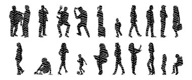 Vektör siluetleri, insanların ana hatları, Contour çizimleri, insanların siluetleri, ikon kümesi izole edilmiş, oturan insanların silueti, mimari set