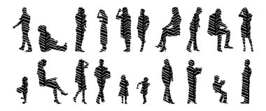 Vektör siluetleri, insanların ana hatları, Contour çizimleri, insanların siluetleri, ikon kümesi izole edilmiş, oturan insanların silueti, mimari set