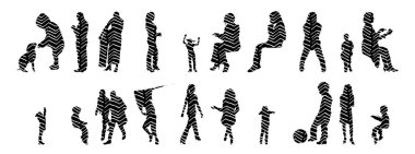 Vektör siluetleri, insanların ana hatları, Contour çizimleri, insanların siluetleri, ikon kümesi izole edilmiş, oturan insanların silueti, mimari set