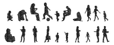 Vektör siluetleri, insanların ana hatları, Contour çizimleri, insanların siluetleri, ikon kümesi izole edilmiş, oturan insanların silueti, mimari set
