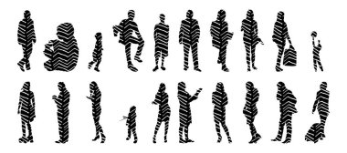 Vektör siluetleri, insanların ana hatları, Contour çizimleri, insanların siluetleri, ikon kümesi izole edilmiş, oturan insanların silueti, mimari set