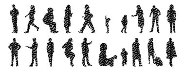 Vektör siluetleri, insanların ana hatları, Contour çizimleri, insanların siluetleri, ikon kümesi izole edilmiş, oturan insanların silueti, mimari set